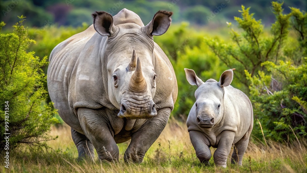 Fototapeta premium Extreme close-up photo of a mother white rhino guiding her adolescent calf through thick bush