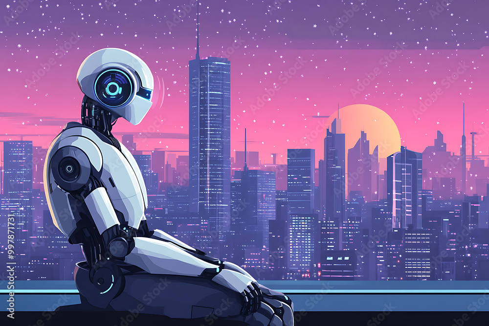 A robot gazes at a futuristic cityscape during sunset, blending technology and nature.