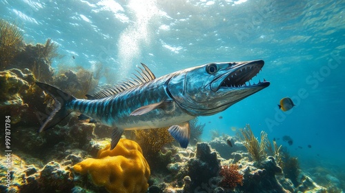 Fototapeta Naklejka Na Ścianę i Meble -  Barracuda Fish Swimming in a Coral Reef