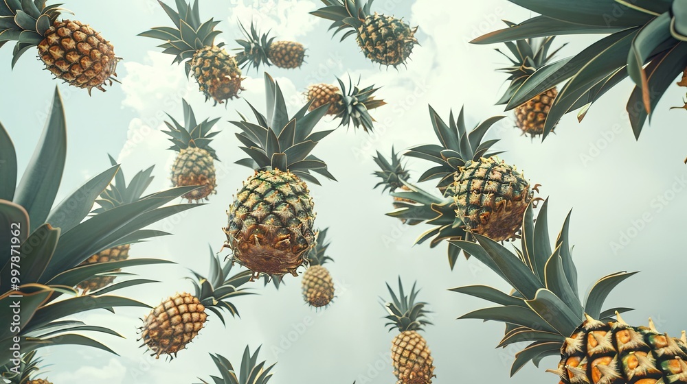 Lifelike pineapples in mid-air free fall against a bright white sky, captured in frontal view with expert color grading and detailed finesse. Lifelike pineapples in mid-air free fall against a bright white sky, captured in frontal view with expert color grading and detailed finesse.