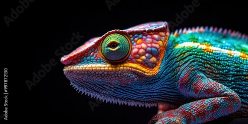 closeup of a colorful chameleon lizard on blur background