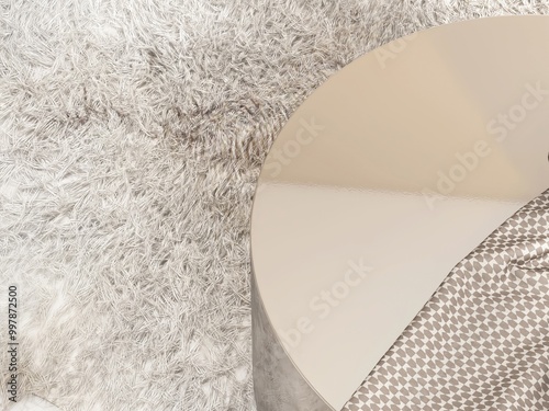 Bild auf Leinwand Round gold chrome podium table on shag rug with throw blanket in sunlight for luxury, elegant cosmetic, skincare, body care, beauty product display background 3D
