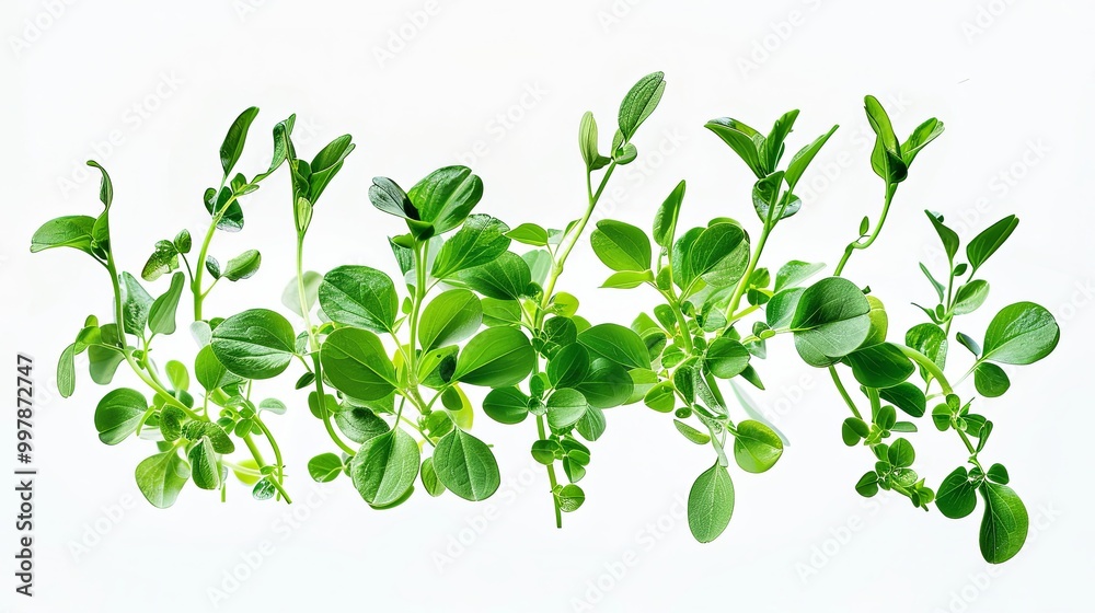 Ultra-realistic view of pea shoots gracefully floating in the air against a pristine white background, showcasing intricate details and vibrant colors, perfect for culinary and botanical themes. Ultra-realistic view of pea shoots gracefully floating in the air against a pristine white background, showcasing intricate details and vibrant colors, perfect for culinary and botanical themes.