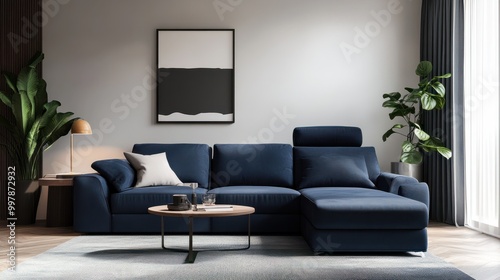 Dark blue sofa and recliner chair in scandinavian apartment. Interior design of modern living room. Created with generative