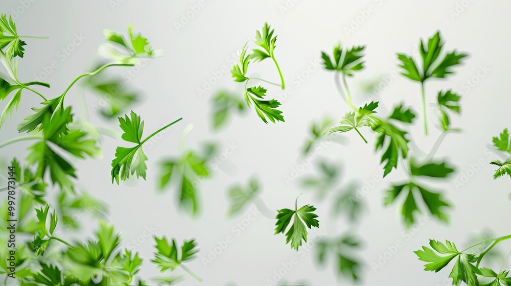 Ultra-realistic sprigs of parsley flying through the air against a clean white background, showcasing vibrant green colors and fine details Ultra-realistic sprigs of parsley flying through the air against a clean white background, showcasing vibrant green colors and fine details