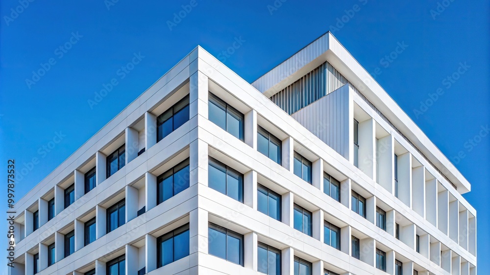 Extreme close-up shot of a white modern building facade against a clear blue sky Extreme close-up shot of a white modern building facade against a clear blue sky