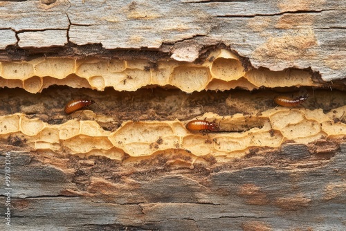 Close-up of termite tracks in wooden planks, Termite tracks, Termite infestation photo