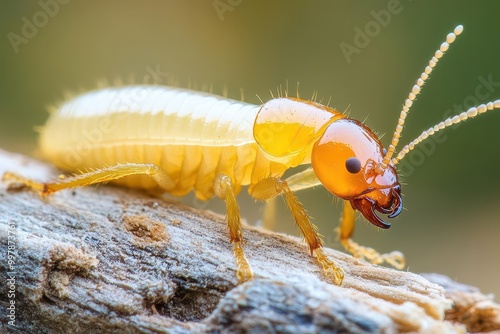 Close-up of drywood termite species on wood, Drywood termites, Termite infestation. photo