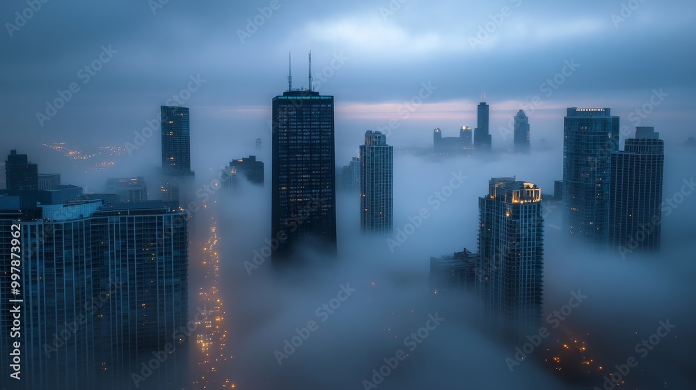 Fototapeta premium Foggy Cityscape: Skyscrapers Emerging from the Mist