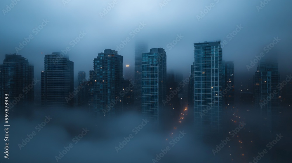 Foggy Cityscape: Skyscrapers Emerging from the Mist Foggy Cityscape: Skyscrapers Emerging from the Mist