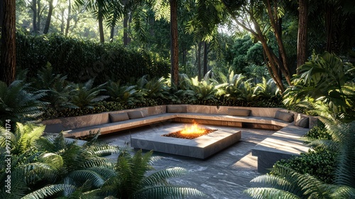 A sunken garden seating area with built-in benches and a fire pit, surrounded by lush ferns and shaded by tall trees
