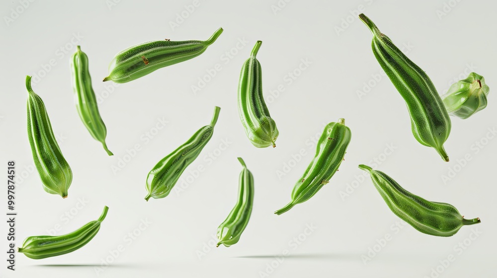 Scattered okra pods floating in mid-air against a pristine white background, showcasing vibrant green colors and intricate details Scattered okra pods floating in mid-air against a pristine white background, showcasing vibrant green colors and intricate details