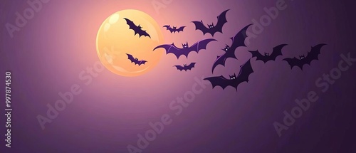 Halloween bats flying under the moon flat design, top view, nocturnal theme, cartoon drawing, Complementary Color Scheme