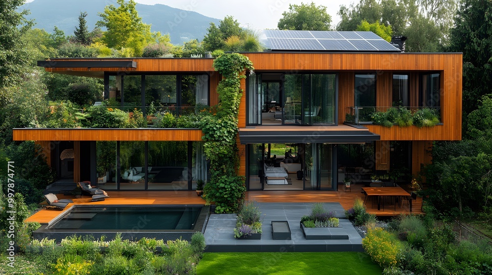 Eco-friendly home design with solar panels and green rooftop garden, modern sustainability trends Eco-friendly home design with solar panels and green rooftop garden, modern sustainability trends