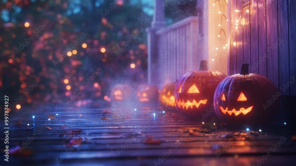 Eerie Halloween Vibes: Bright Jack-o'-Lanterns on Wooden Porch in Foggy Night with Fairy Lights Eerie Halloween Vibes: Bright Jack-o'-Lanterns on Wooden Porch in Foggy Night with Fairy Lights