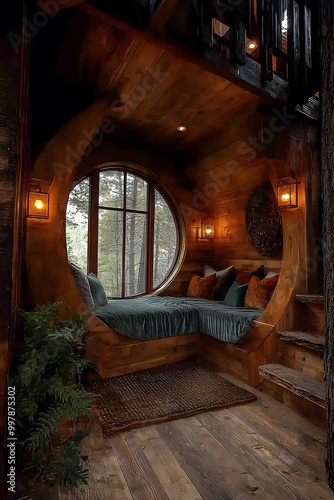 A round bedroom in the forest, modern interior design. The furniture is made of wood, and there are plants on the floor.