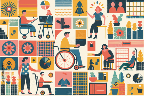 Inclusive Workplace Illustrated Concept with Diverse Employees and Wheelchair Accessibility