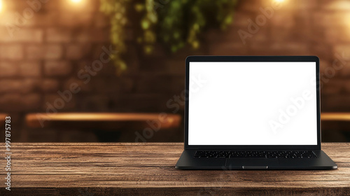 Transparent laptop screen on wooden table in cozy outdoor space with plants