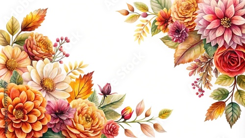 Fototapeta Naklejka Na Ścianę i Meble -  Extreme close-up watercolor floral border with autumn dahlia rose and leaves