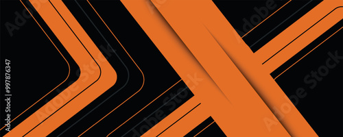 Black abstract wide horizontal banner with orange and gray lines, arrows and angles. Dark modern sporty bright futuristic abstract background. Wide vector illustration EPS10.