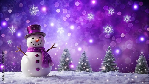Extreme Close-Up winter snowman scene on purple background