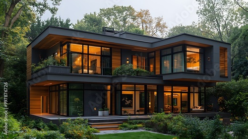 Smart home exterior with integrated technology, minimalist architecture, and sustainable features