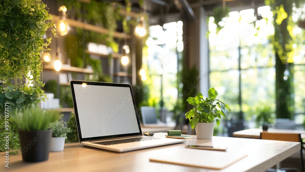 Fototapeta premium A refreshing workspace seamlessly blends nature with technology, showcasing a neat desk adorned with plants, a laptop, and soft lighting creating an inviting atmosphere.