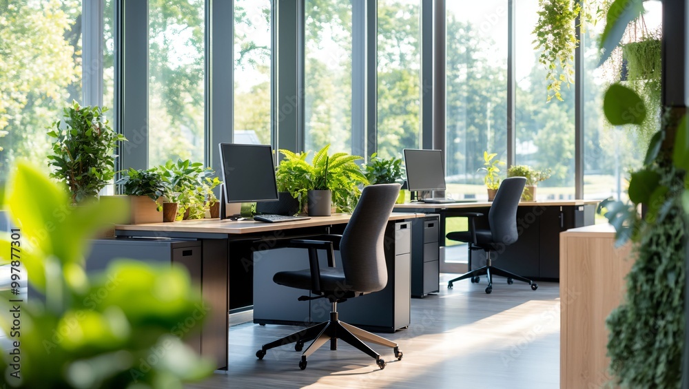 Serene Modern Office with Lush Greenery: A Bright Workspace Surrounded by Vibrant Indoor Plants Creating an Inviting Atmosphere for Productivity and Creativity Serene Modern Office with Lush Greenery: A Bright Workspace Surrounded by Vibrant Indoor Plants Creating an Inviting Atmosphere for Productivity and Creativity