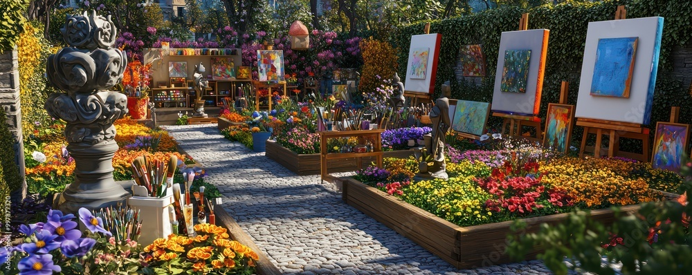 A vibrant artist's garden with sculptures, colorful flower beds, and hidden nooks filled with canvases and painting supplies