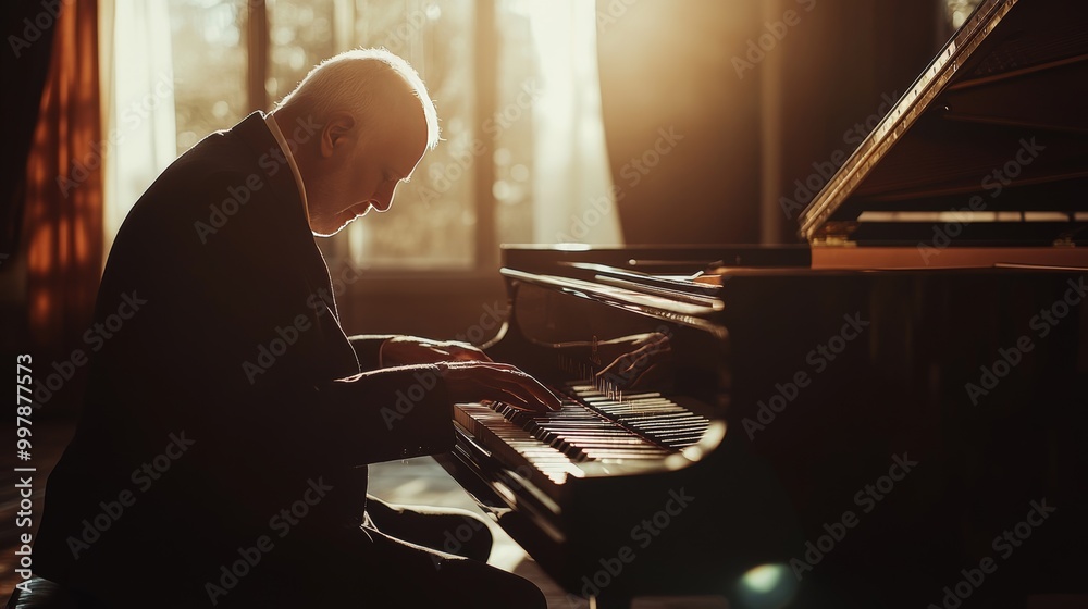 Elegant Pianist Playing Grand Piano in Sunlit Room Elegant Pianist Playing Grand Piano in Sunlit Room