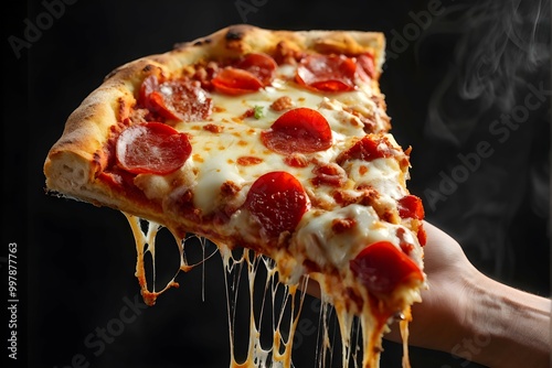 person holding slice of pizza on black background