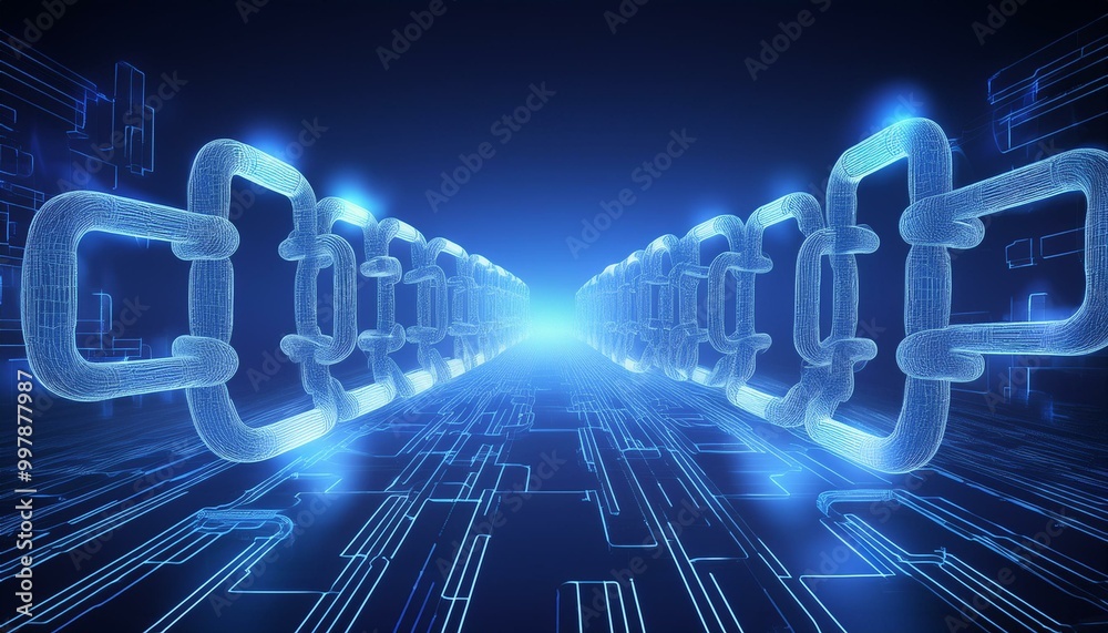 A visually striking representation of blockchain technology with interconnected chains in a network on a dark blue background symbolizing connectivity and technology.