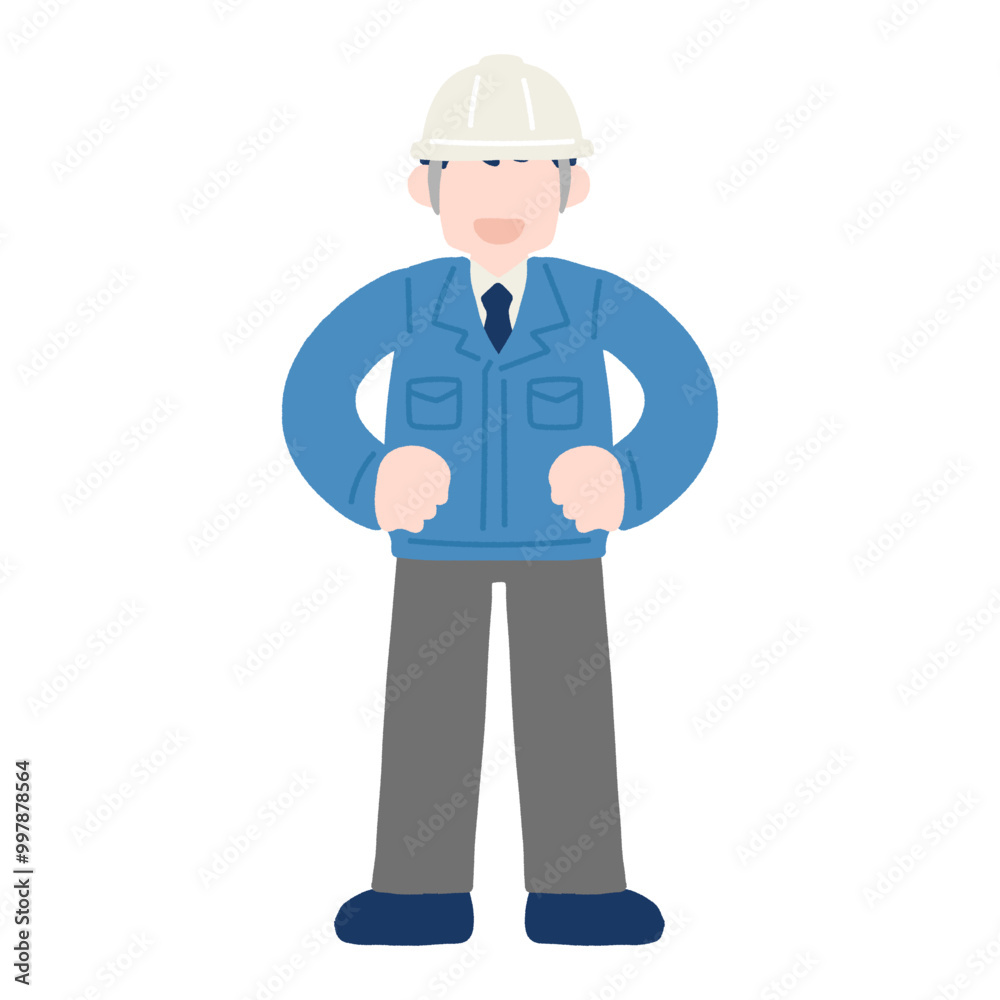 両手を腰にあてて立つヘルメットをかぶりスーツに作業服を着た男性のフラットなイラスト
両手を腰にあてて立つヘルメットをかぶりスーツに作業服を着た男性のフラットなイラスト