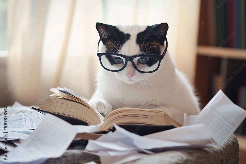 A comically oversized-glasses-clad feline struggles to decipher a book amidst a chaotic sea of loose papers. A comically oversized-glasses-clad feline struggles to decipher a book amidst a chaotic sea of loose papers.