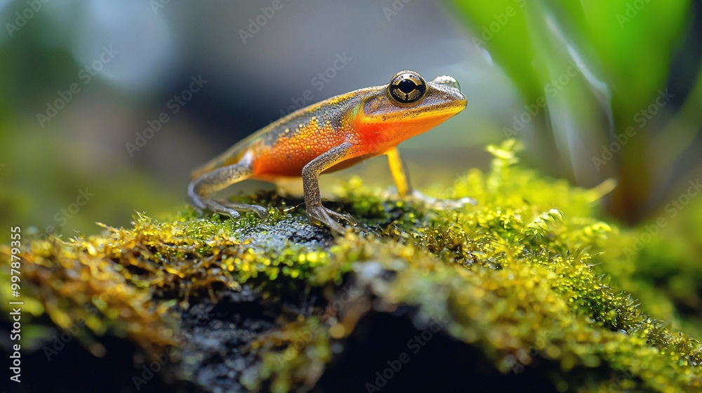 Fototapeta premium A delicate, slender amphibian rests on a lichen-covered stone, revealing its strikingly patterned skin and vivid hues.