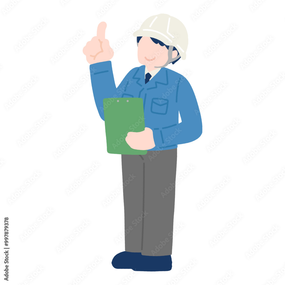 クリップボードを持ち上を指さすヘルメットをかぶりスーツに作業服を着た男性のフラットなイラスト

