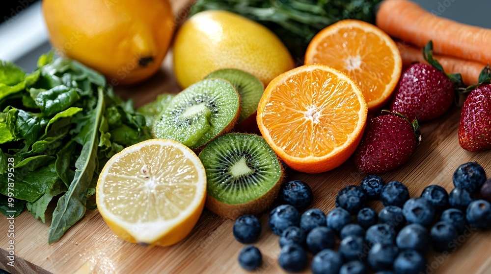A vibrant selection of fresh produce symbolizing cancer-fighting benefits rests on a rustic cutting board.
