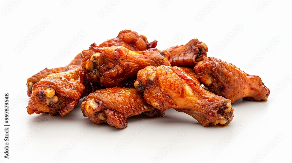 Crispy fried chicken wings in dynamic arrangement against white background, showcasing ultra-realistic fast food detail with high-definition Crispy fried chicken wings in dynamic arrangement against white background, showcasing ultra-realistic fast food detail with high-definition