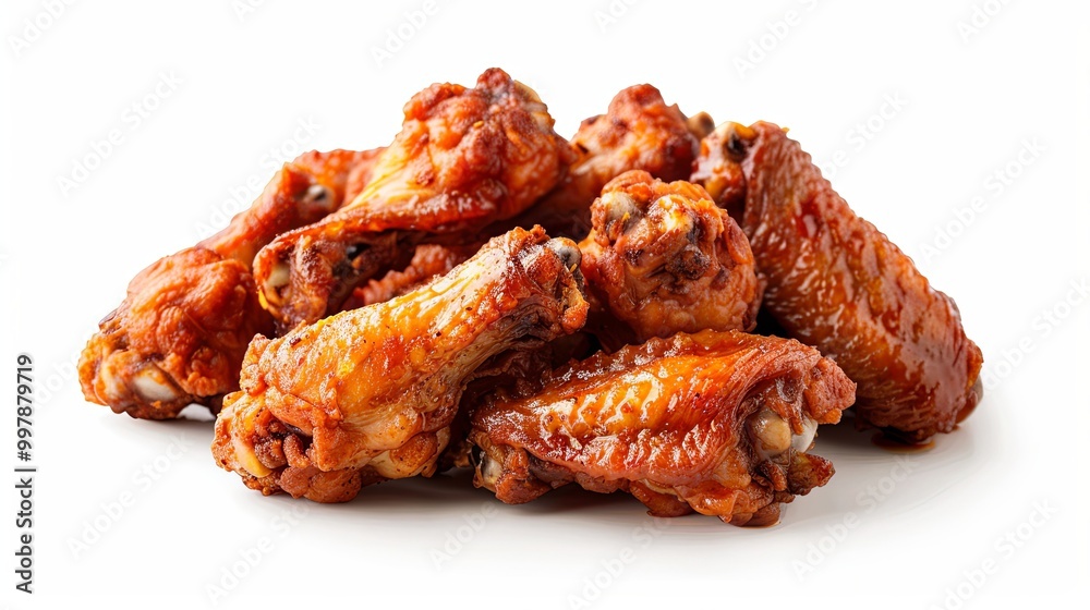 Crispy fried chicken wings in dynamic arrangement against white background, showcasing ultra-realistic fast food detail with high-definition Crispy fried chicken wings in dynamic arrangement against white background, showcasing ultra-realistic fast food detail with high-definition