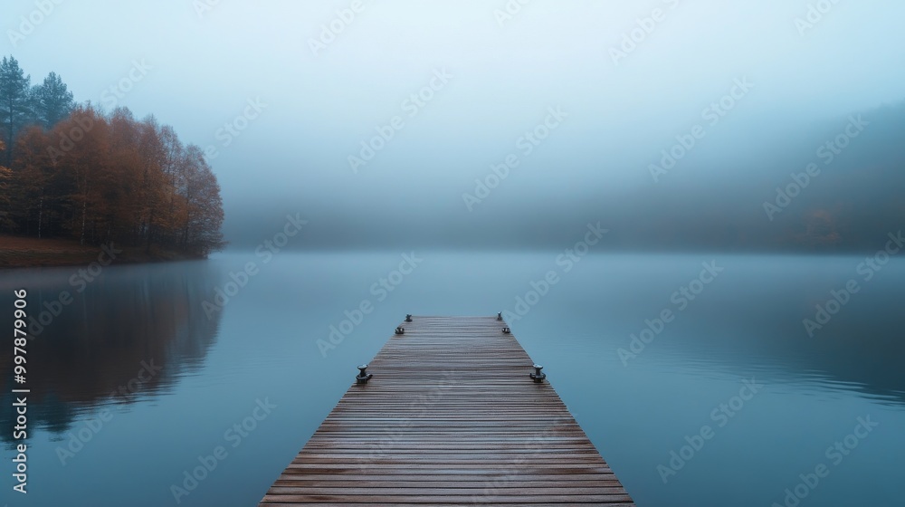 Fototapeta premium Serene Foggy Lake with Wooden Dock and Autumn Trees