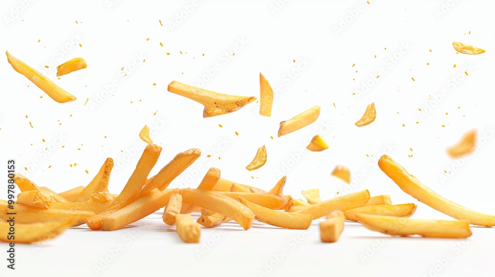 Ultra-realistic depiction of crispy French fries scattered in mid-air against a white background