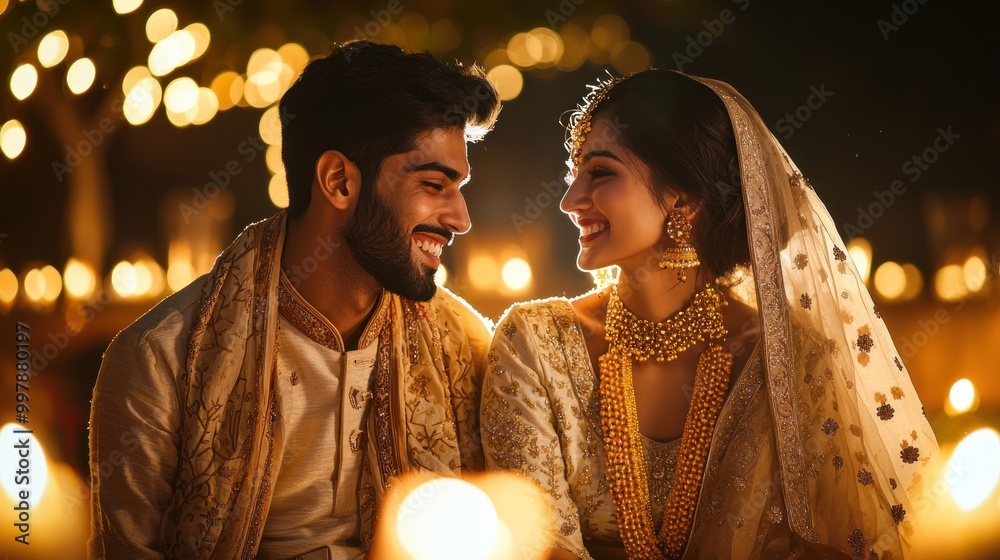 Portrait of a beautiful, smiling young couple in traditional Indian ...