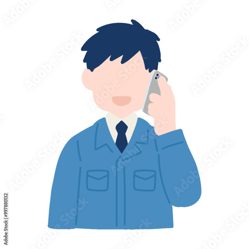 スマートフォンで通話をしているスーツに作業服を着た男性のフラットなイラスト
