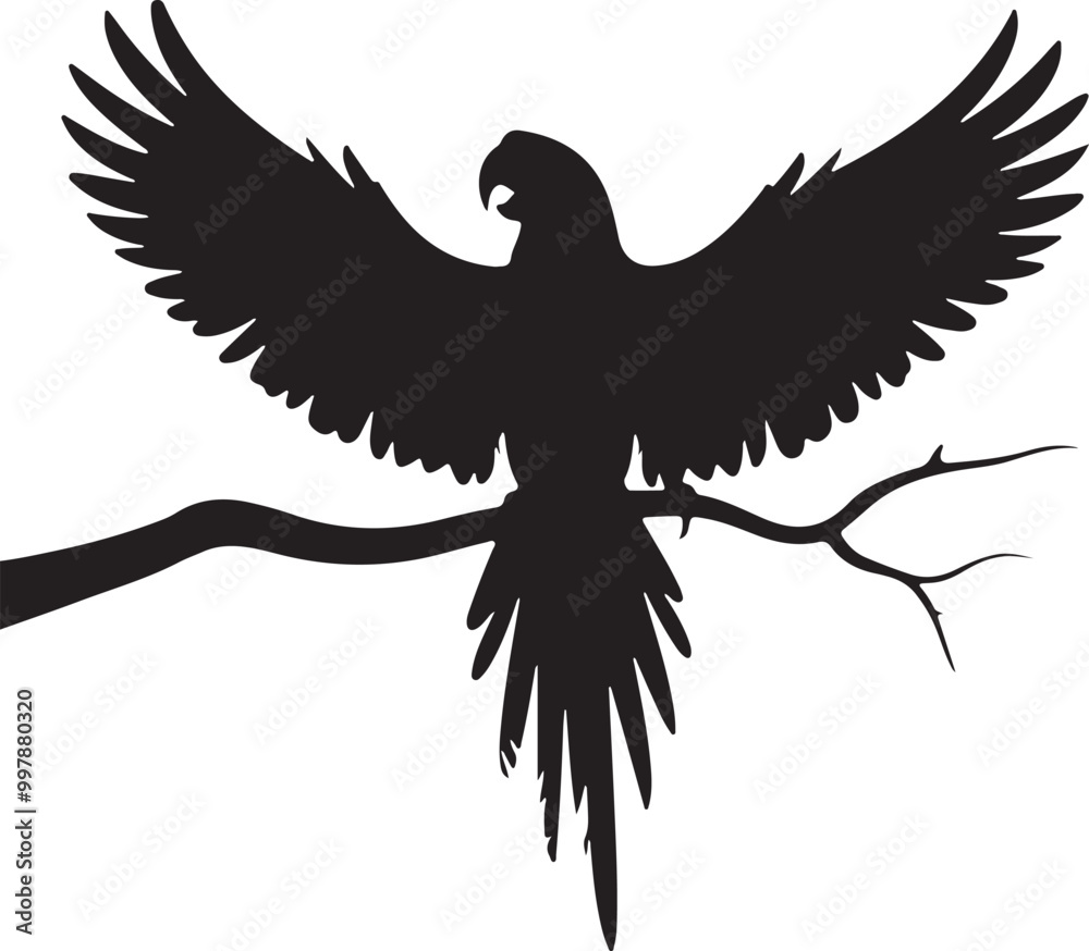 A parrot on the tree branch on flying mode A parrot on the tree branch on flying mode
