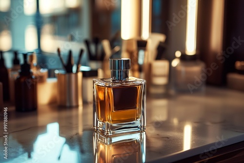 An elegant aftershave bottle gleams on a sleek vanity, softly illuminated amidst an array of grooming tools. photo