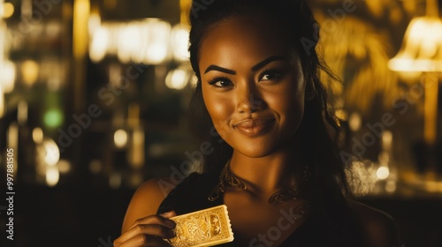 35 year old Polynesian woman, in a premium decor, dressed in black, with a golden ticket in her hand.