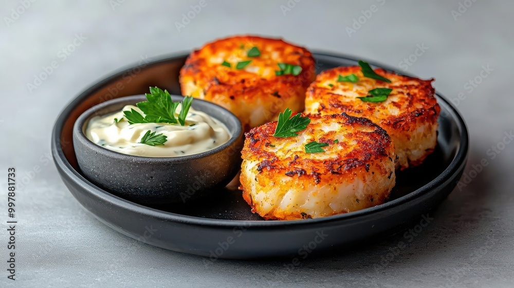 Mini crab cakes with a side of aioli, garnished with parsley, seafood finger foods for cocktails