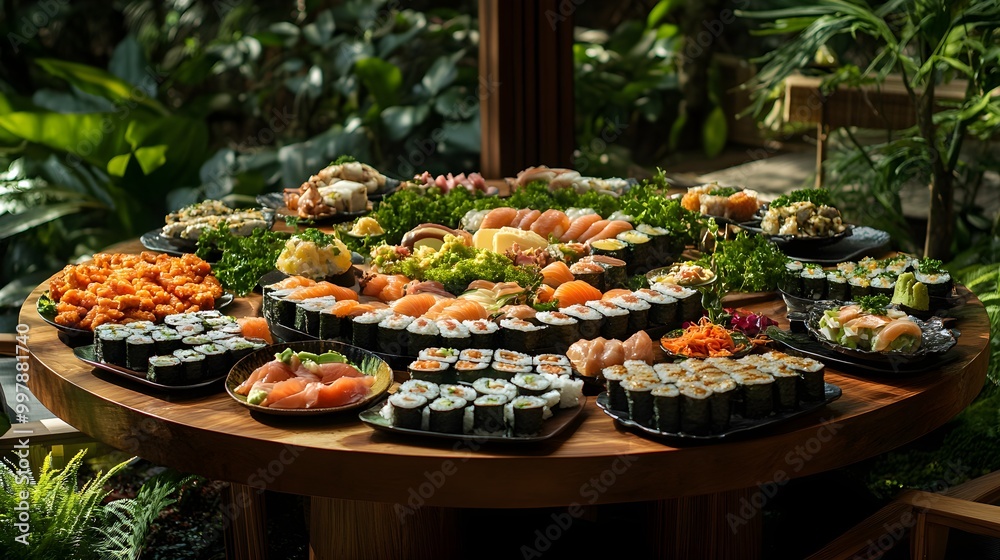 A beautifully set round dining table with an opulent global feast, featuring sushi, pasta, curry, and tapas, vibrant cultural mix of dishes, lavish presentation A beautifully set round dining table with an opulent global feast, featuring sushi, pasta, curry, and tapas, vibrant cultural mix of dishes, lavish presentation