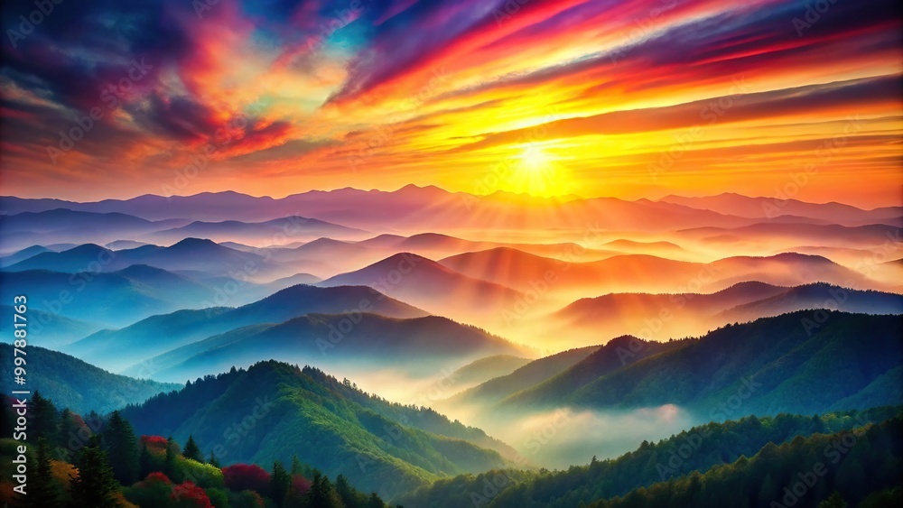 Fototapeta premium Eye level colorful abstract landscape with a bright sunset over layered hills