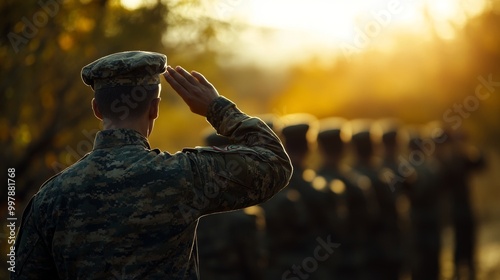 Military Soldier Saluting in Uniform During Sunset